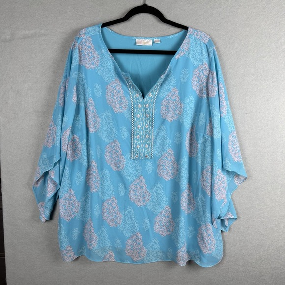 Belle by Kim Gravel Tops - Belle By Kim Gravel Top Women 2X Light Blue Lightweight Sheer Embroidered Blouse